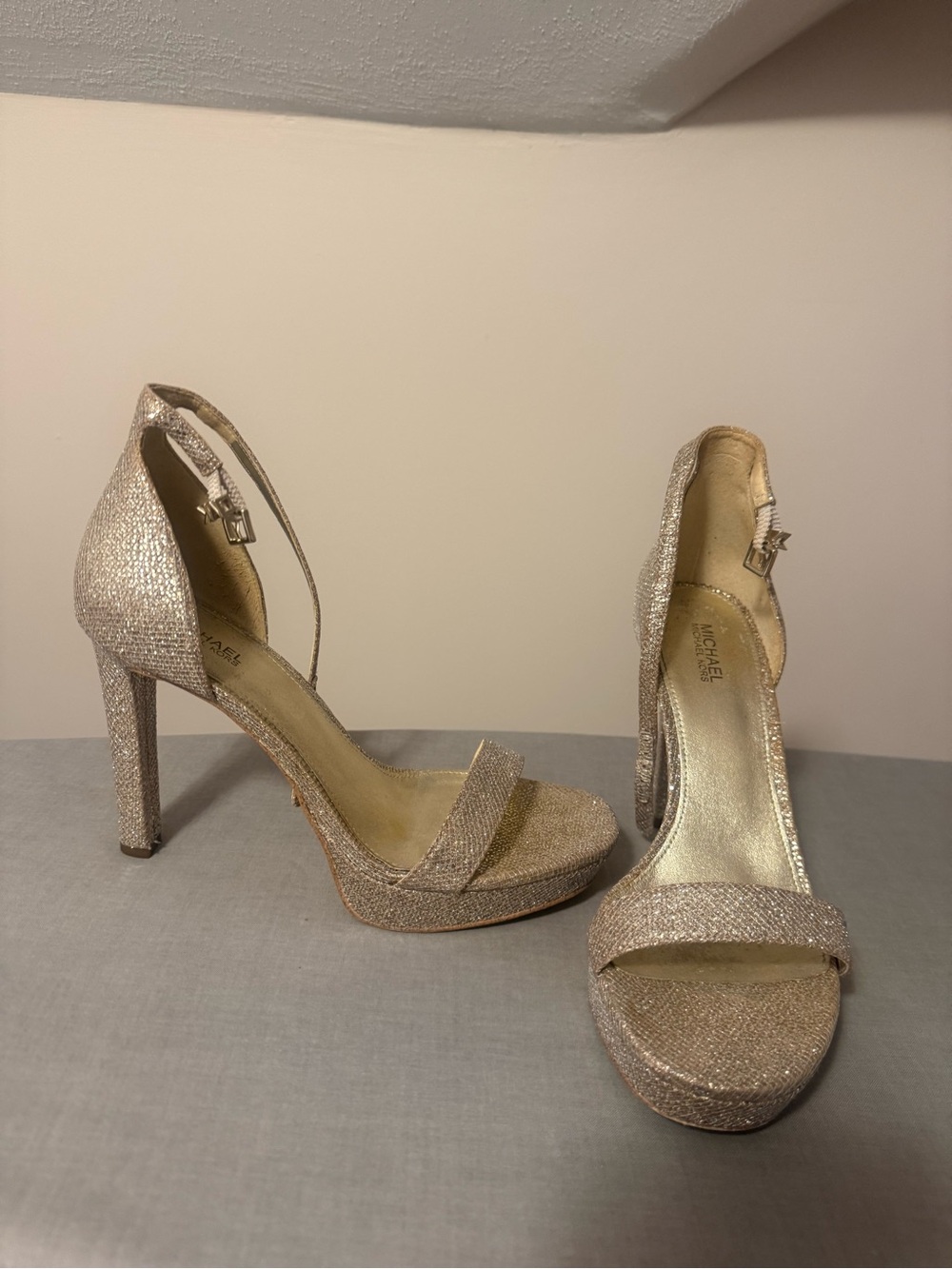 Michael Kors Glitter Platform Ankle-Strap Heels in Shimmering Gold